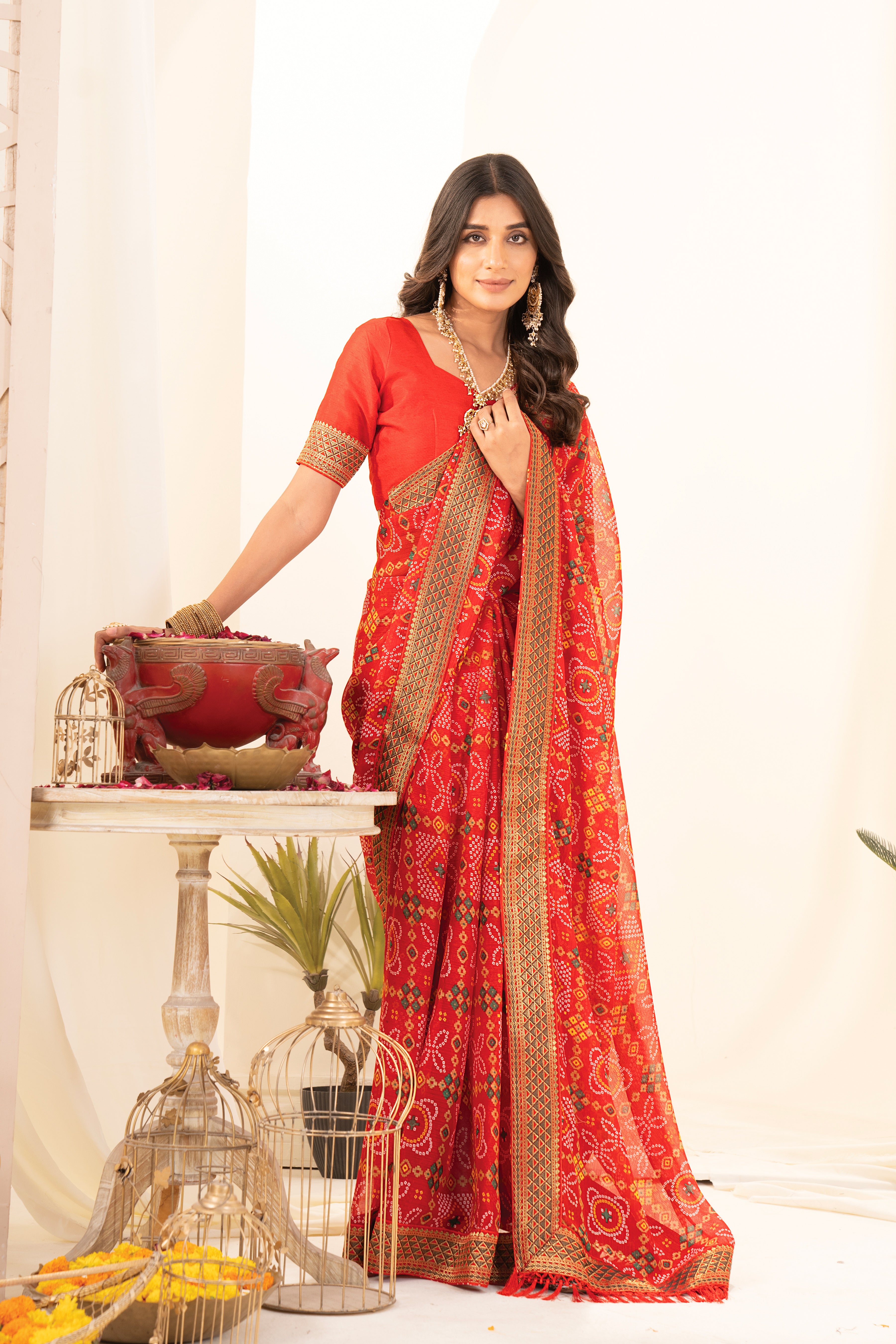 Regal Red Bandhani Georgette Saree